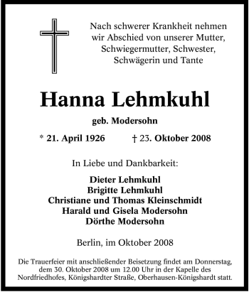 Traueranzeige von Hanna Lehmkuhl von Tageszeitung