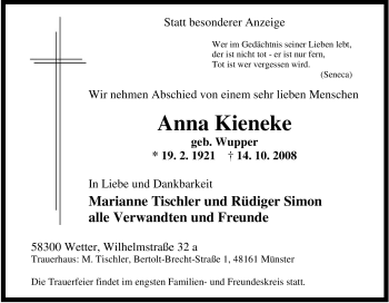 Traueranzeige von Anna Kieneke von Tageszeitung