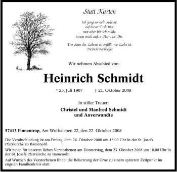 Traueranzeige von Heinrich Schmidt von Tageszeitung