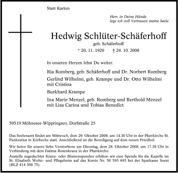 Traueranzeige von Hedwig Schlüter-Schäferhoff von Tageszeitung