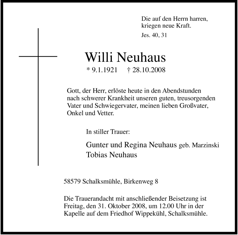  Traueranzeige für Willi Neuhaus vom 30.10.2008 aus Tageszeitung