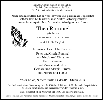 Traueranzeigen von Thea Rummel | Trauer-in-NRW.de