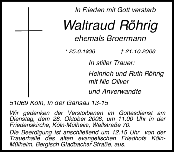 Traueranzeige von Waltraud Röhrig von Tageszeitung