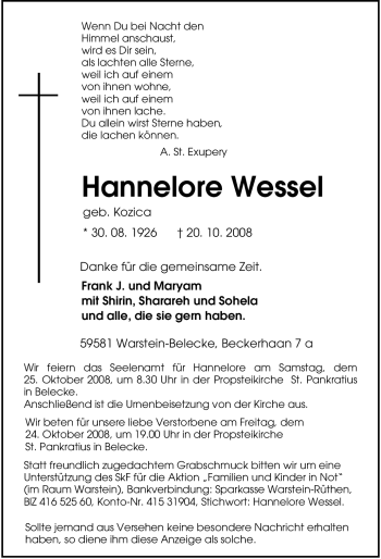 Traueranzeige von Hannelore Wessel von Tageszeitung