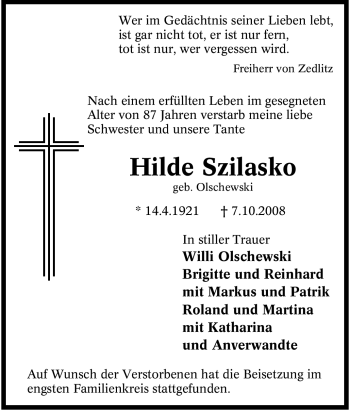 Traueranzeige von Hilde Szilasko von Tageszeitung