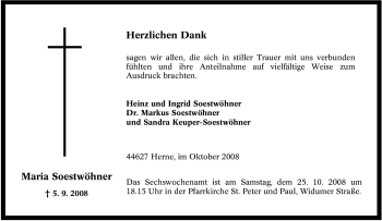 Traueranzeige von Maria Soestwöhner von Tageszeitung