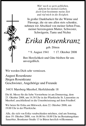 Traueranzeige von Erika Rosenkranz von Tageszeitung