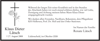 Traueranzeige von Klaus Dieter Lätsch von Tageszeitung