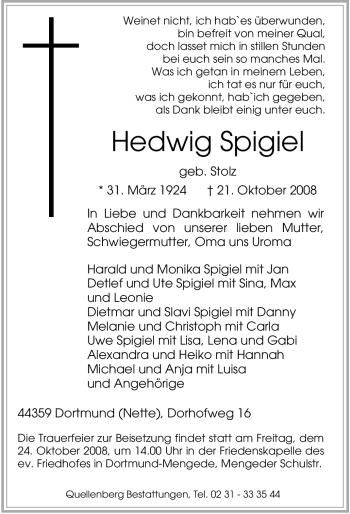 Traueranzeige von Hedwig Spigiel von Tageszeitung