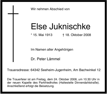 Traueranzeige von Else Juknischke von Tageszeitung