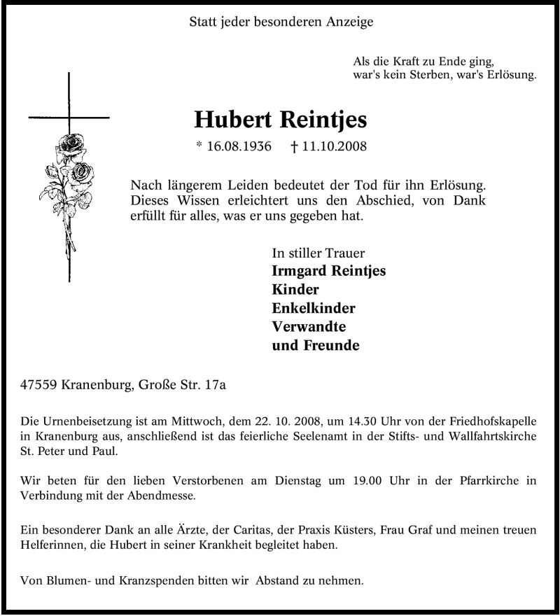  Traueranzeige für Hubert Reintjes vom 17.10.2008 aus Tageszeitung