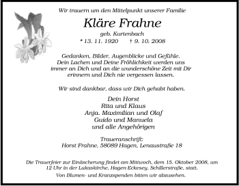Traueranzeige von Kläre Frahne von Tageszeitung