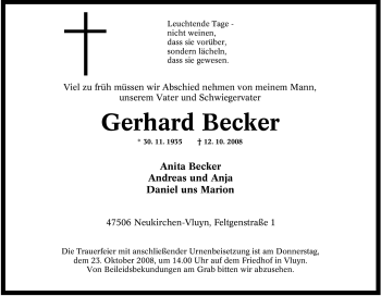 Traueranzeige von Gerhard Becker von Tageszeitung