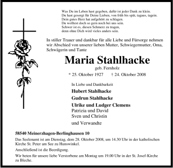 Traueranzeige von Maria Stahlhacke von Tageszeitung
