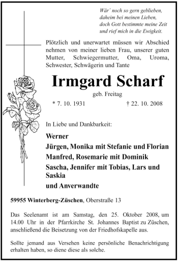 Traueranzeige von Irmgard Scharf von Tageszeitung