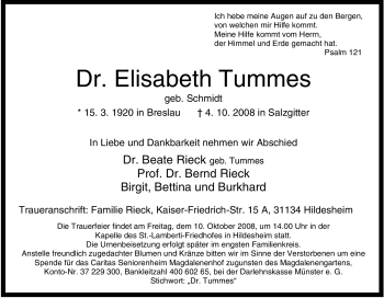 Traueranzeige von Elisabeth Tummes von Tageszeitung