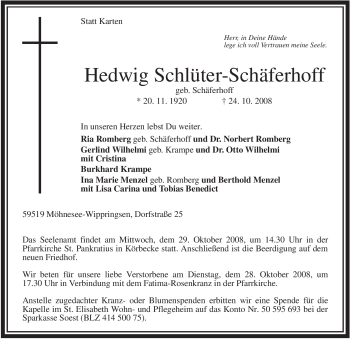 Traueranzeige von Hedwig Schlüter-Schäferhoff von Tageszeitung