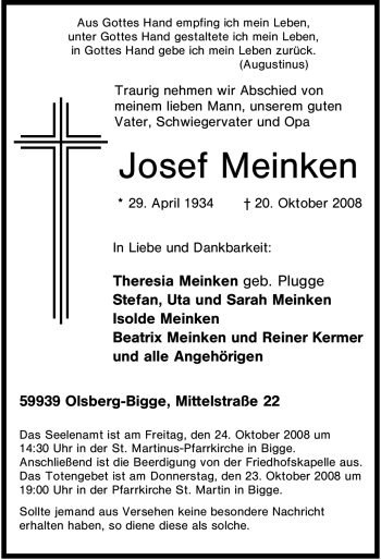 Traueranzeige von Josef Meinken von Tageszeitung