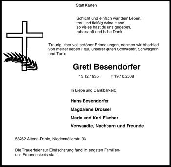 Traueranzeige von Gretl Besendorfer von Tageszeitung