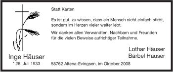Traueranzeige von Inge Häuser von Tageszeitung