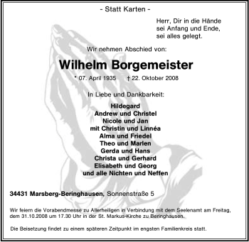 Traueranzeige von Wilhelm Borgemeister von Tageszeitung