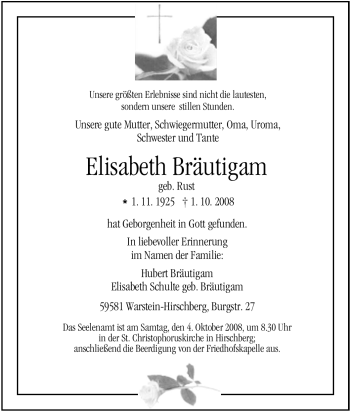 Traueranzeige von Elisabeth Bräutigam von Tageszeitung