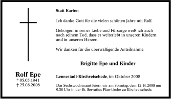 Traueranzeige von Rolf Epe von Tageszeitung