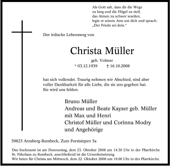 Traueranzeige von Christa Müller von Tageszeitung