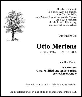 Traueranzeige von Otto Mertens von Tageszeitung