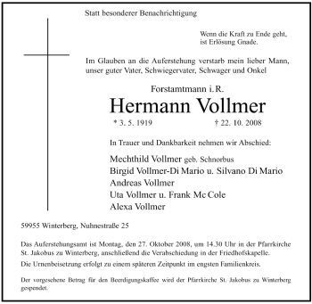 Traueranzeige von Hermann Vollmer von Tageszeitung