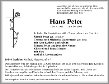 Traueranzeige von Hans Peter von Tageszeitung