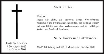 Traueranzeige von Fritz Schneider von Tageszeitung