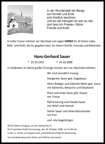 Traueranzeige von Hans-Gerhard Sauer von Tageszeitung