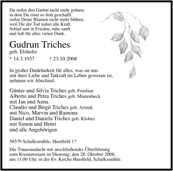 Traueranzeige von Gudrun Triches von Tageszeitung