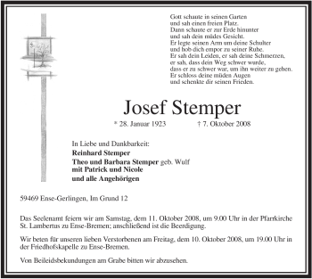 Traueranzeige von Josef Stemper von Tageszeitung