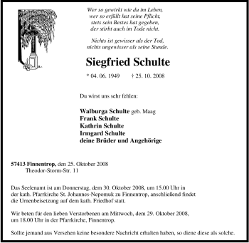 Traueranzeige von Siegfried Schulte von Tageszeitung
