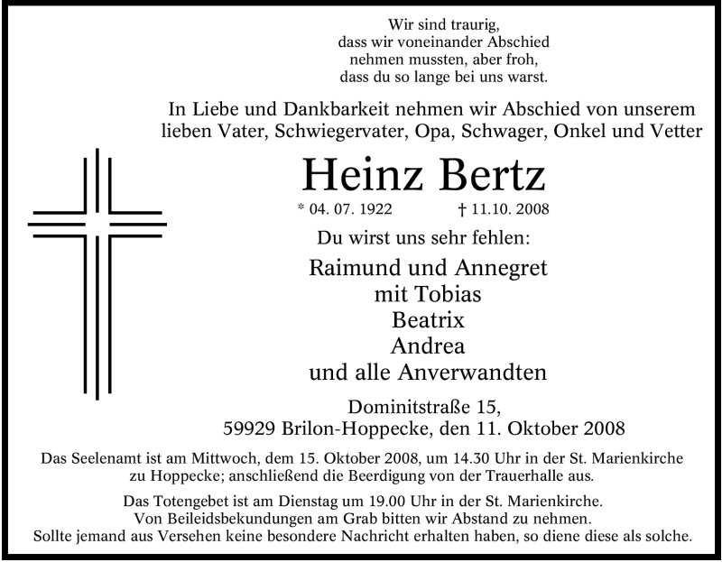  Traueranzeige für Heinz Bertz vom 13.10.2008 aus Tageszeitung