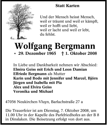 Traueranzeige von Wolfgang Bergmann von Tageszeitung