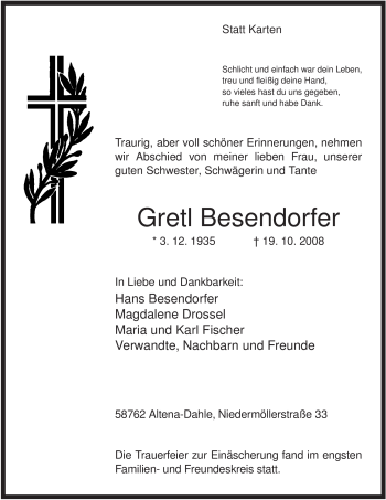 Traueranzeige von Gretl Besendorfer von Tageszeitung