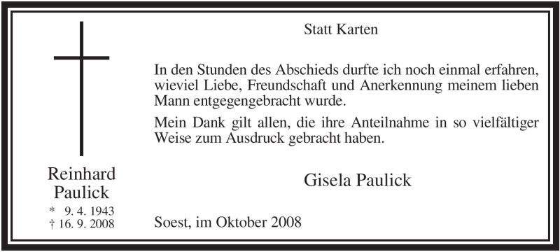  Traueranzeige für Reinhard Paulick vom 25.10.2008 aus Tageszeitung