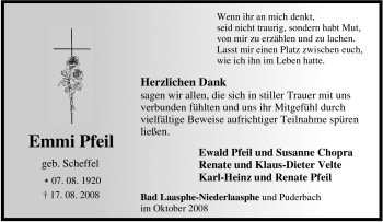 Traueranzeige von Emmi Pfeil von Tageszeitung