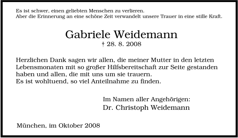  Traueranzeige für Gabriele Weidemann vom 13.10.2008 aus Tageszeitung