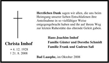 Traueranzeige von Christa Imhof von Tageszeitung