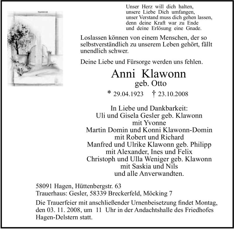  Traueranzeige für Anni Klawonn vom 30.10.2008 aus Tageszeitung