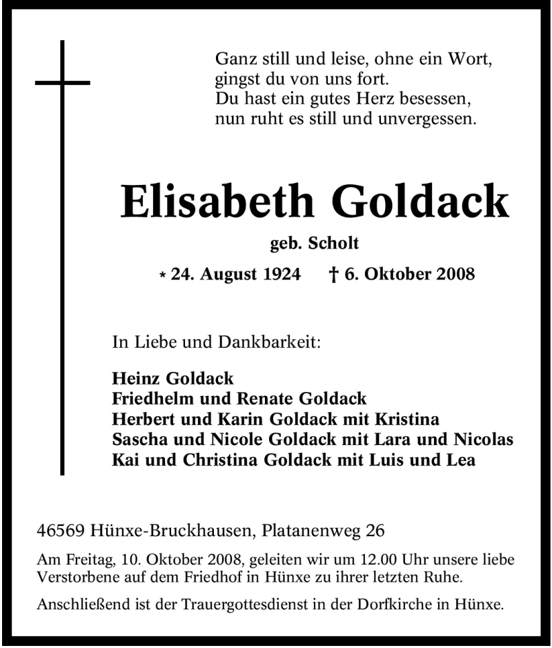  Traueranzeige für Elisabeth Goldack vom 09.10.2008 aus Tageszeitung