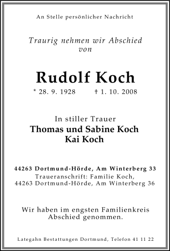 Traueranzeige von Rudolf Koch von Tageszeitung