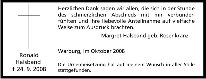  Traueranzeige für Ronald Halsband vom 25.10.2008 aus Tageszeitung