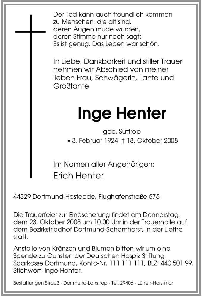  Traueranzeige für Inge Henter vom 21.10.2008 aus Tageszeitung