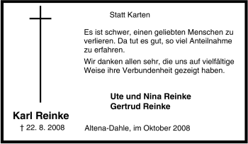 Traueranzeige von Karl Reinke von Tageszeitung