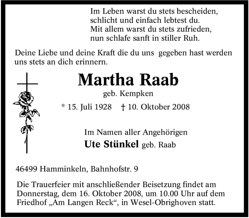  Traueranzeige für Martha Raab vom 13.10.2008 aus Tageszeitung